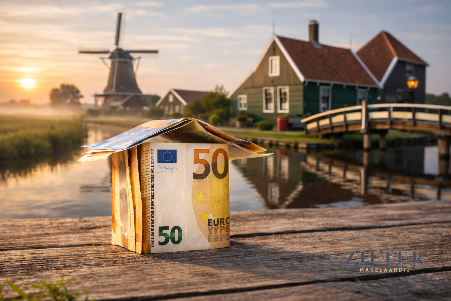 Huis gemaakt van geld symboliseert kosten van een makelaar bij verkoop of aankoop van een woning in Nederland